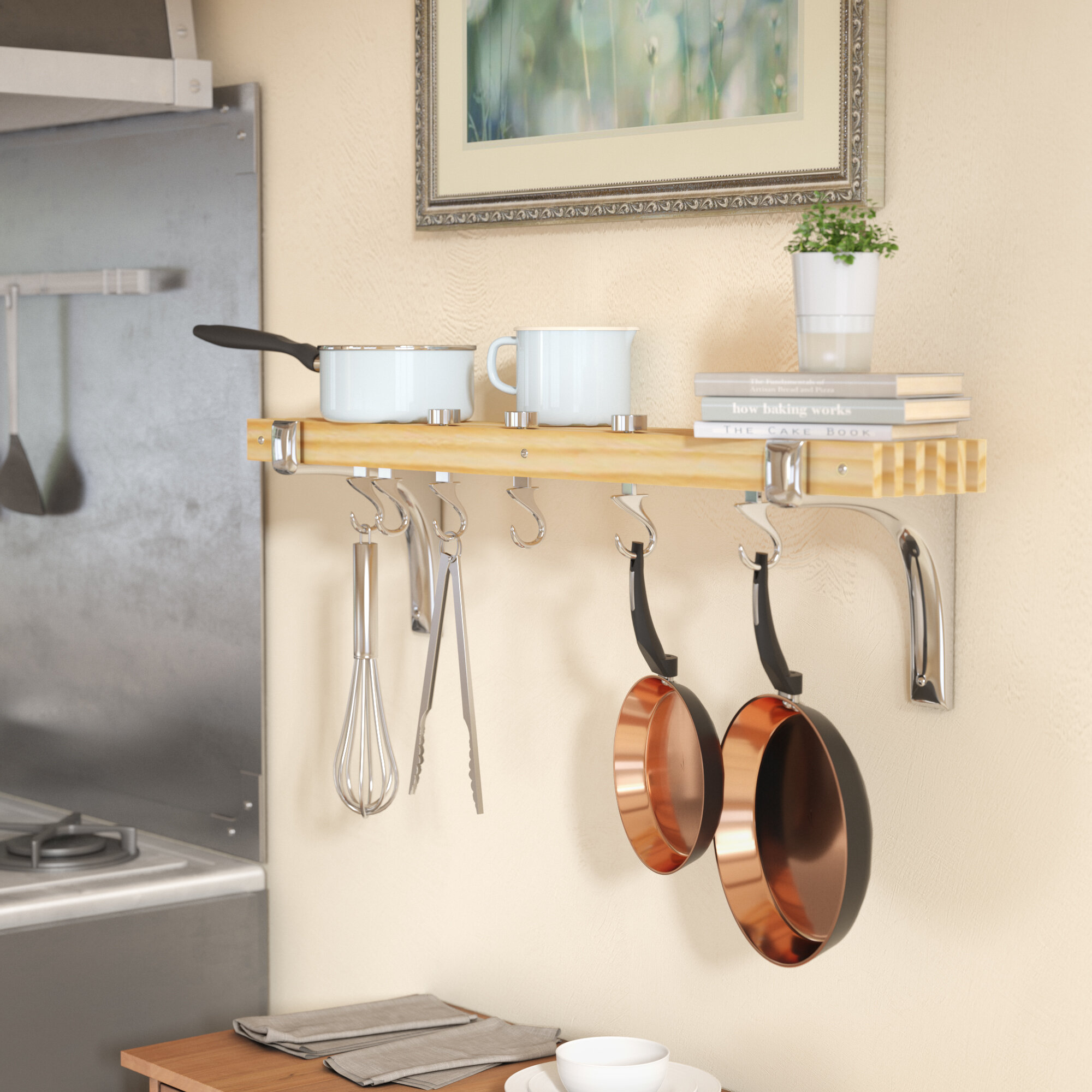 Stainless Steel Wall Mounted Pot Rack Shelf and 18 Hooks 15" x 36" Vertical 