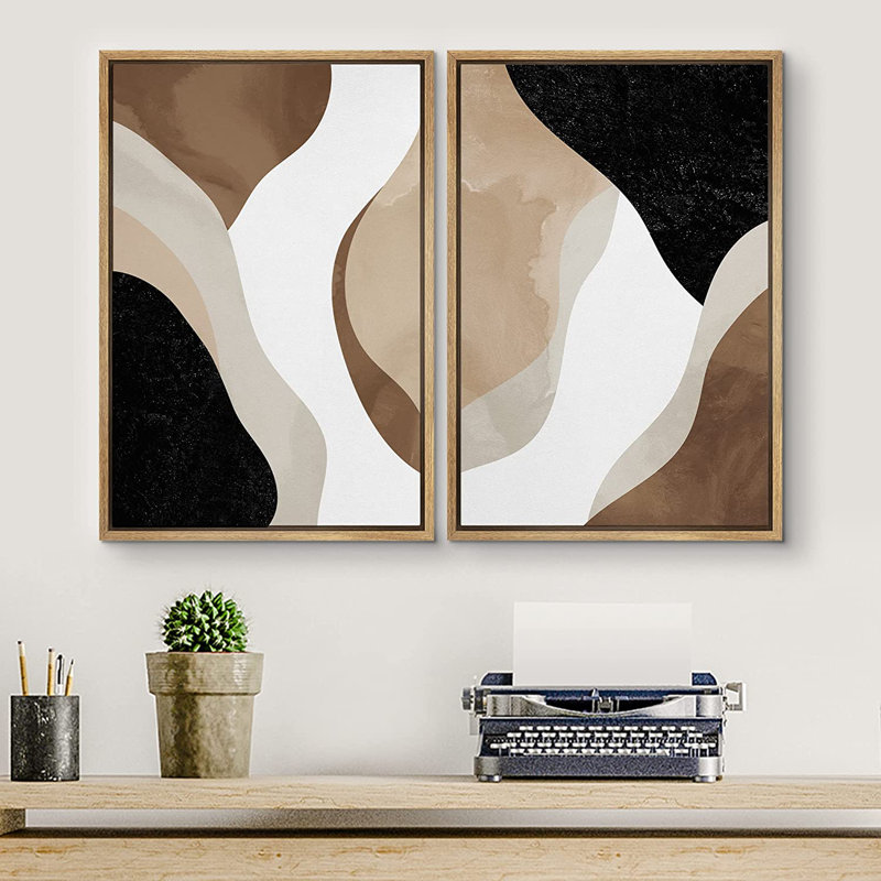 Watercolor Tan Brown Waves Organic Modern Abstract Wall Art Framed On Canvas 2 Piece Painting Print Size: 36" H x 48" W x 1.5" D, Format: White Floater Framed
