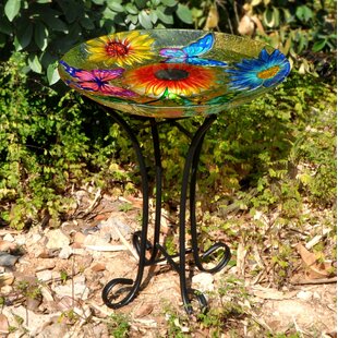 Garden or Yard 23.6 Inches Height Liffy Outdoor Glass Bird Bath Jellyfish Bowl with Metal Stand for Lawn 
