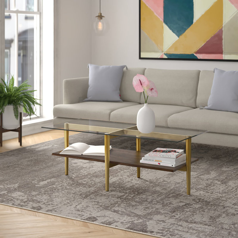Otto 4 Legs Coffee Table with Storage Table Base Color: Brass/Walnut