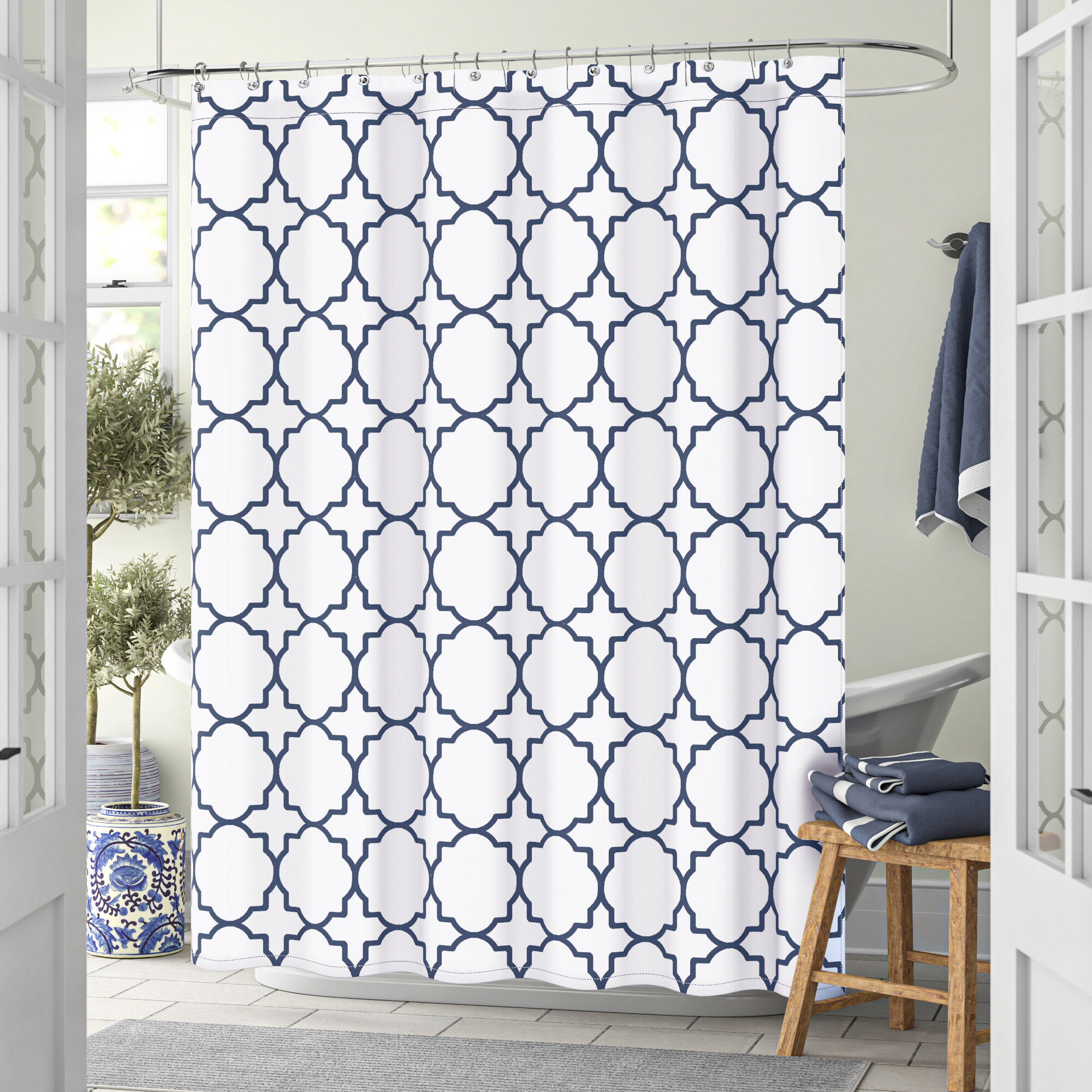 navy and grey shower curtain