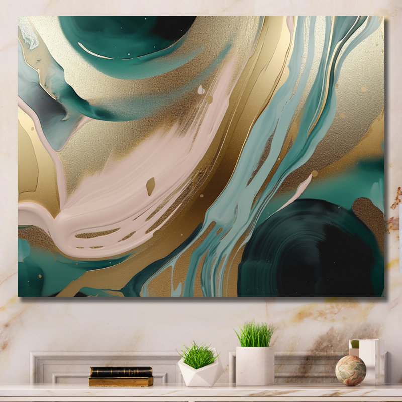 Gold And Green Marbled Euphoria V - Abstract Marble Wall Art Living Room Overall Size: 24" H x 32" W x 1" D, Format: Wrapped Canvas