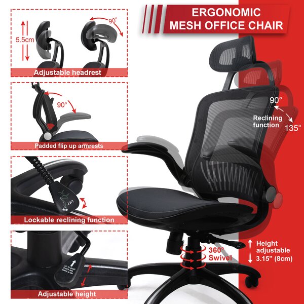 Ergonomic Mesh Office Chair Adjustable Workstation with Reclining Function 