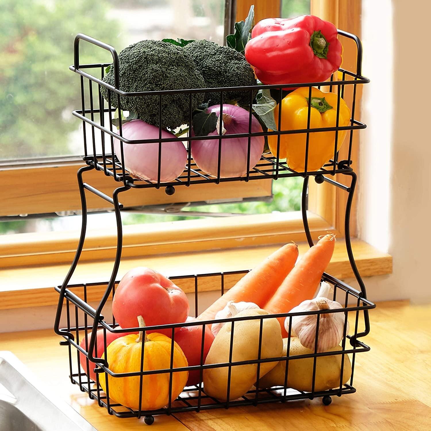 Rebrilliant 2 Tier Fruit Basket Metal Fruit Bowl Bread Baskets Detachable Fruit Holder Kitchen Storage Baskets Stand Black Decluttr Wayfair