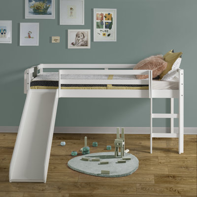 Dorion Twin Kids Loft Bed, Loft Bed with Slide, Ladder, Chalkboard, Pine Wood