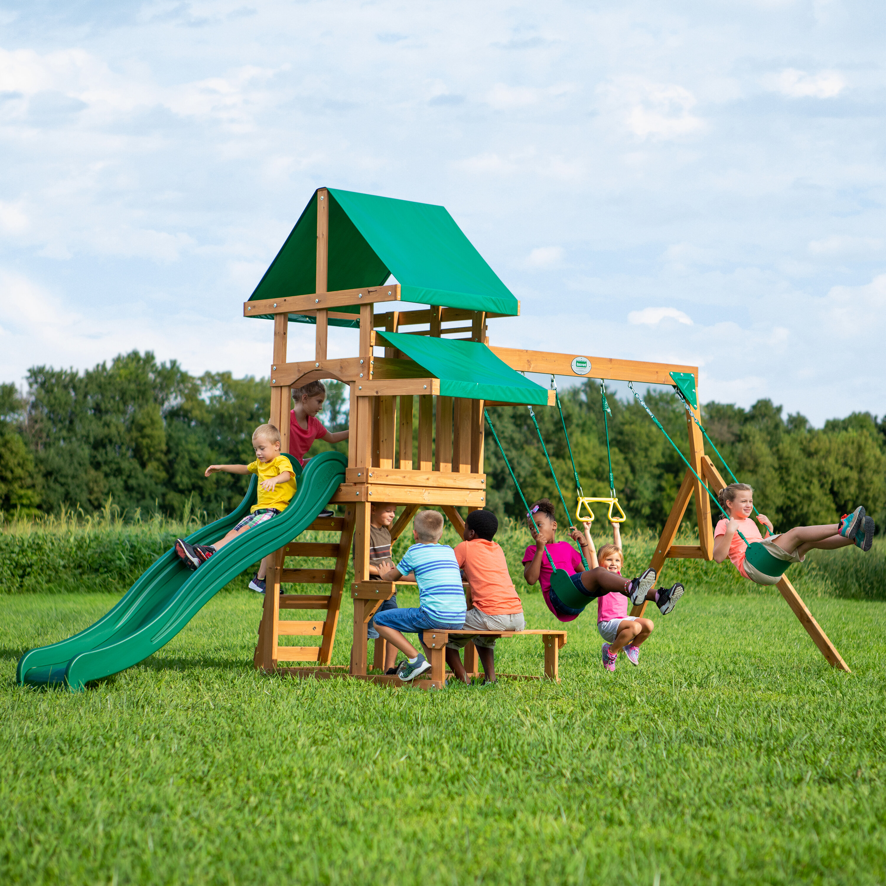 small wooden swing and slide set