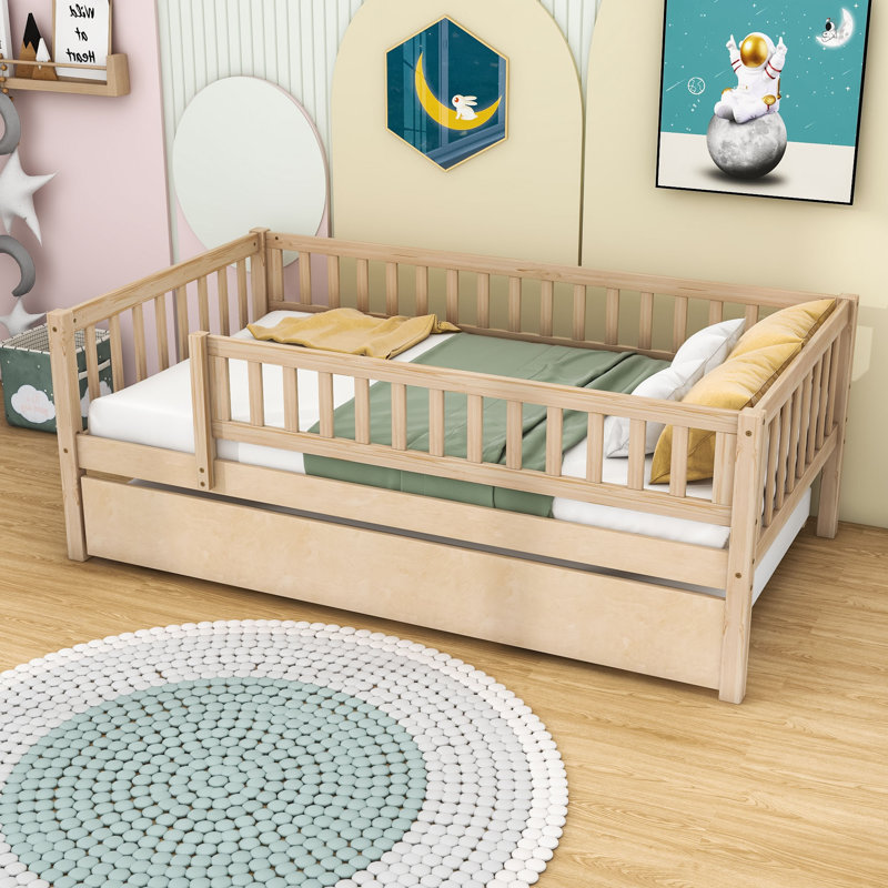 Havva Wood Daybed with Twin Size Trundle and Fence Guardrails Color: Natural, Size: Full