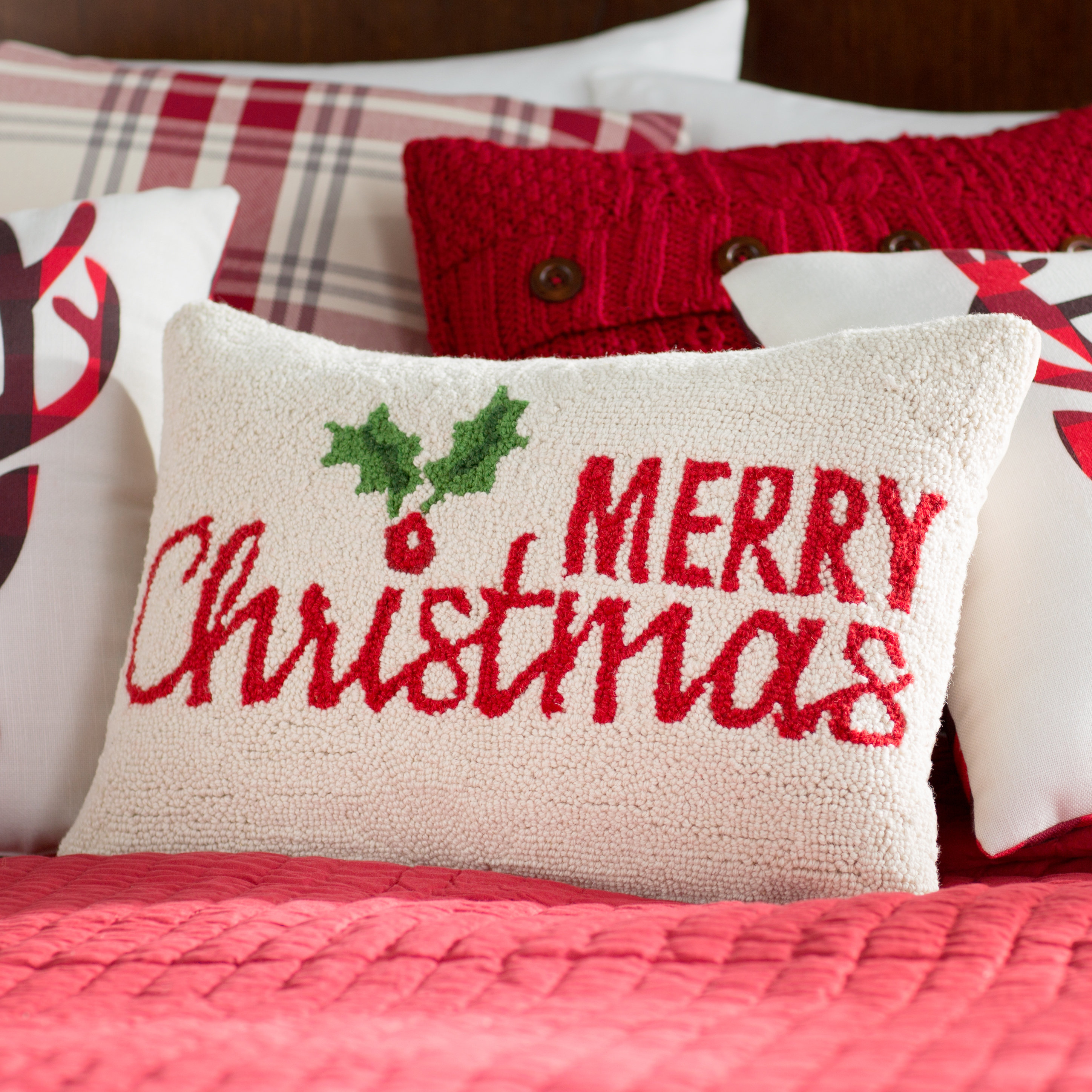 Three Posts Merry Christmas Holly Hook Wool Lumbar Pillow