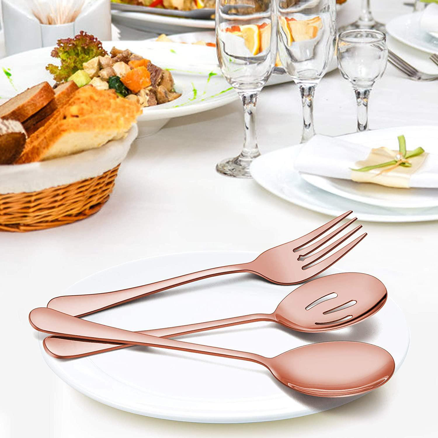 Prep & Savour 3 Large Copper Serving Spoons, 3 Copper Slotted Serving