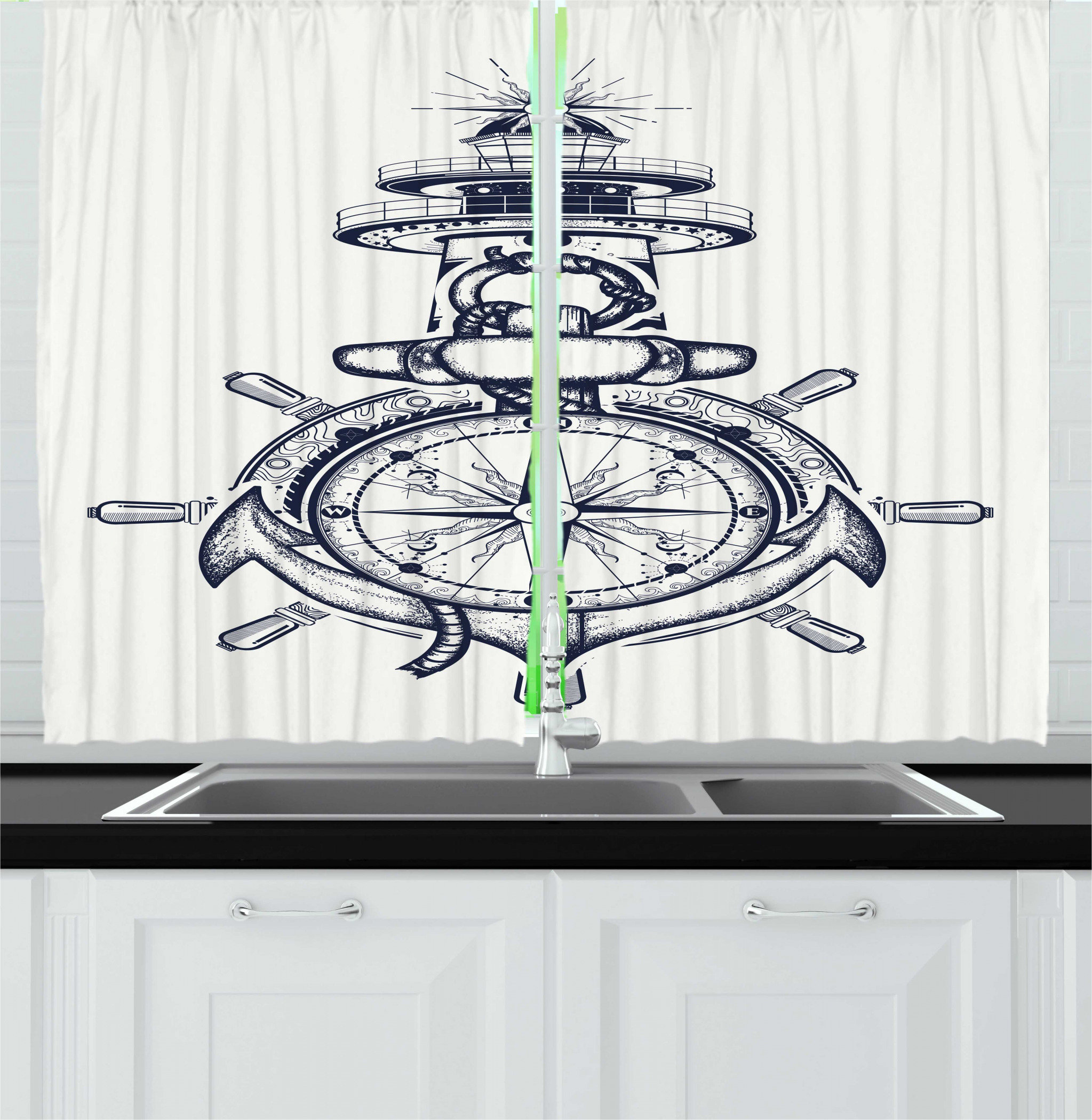 East Urban Home 2 Piece Nautical Marine Composition Of Anchor Steering Wheel Lighthouse And Compass Kitchen Curtain Set Wayfair