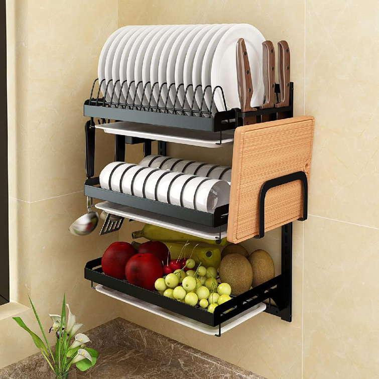 SUPFIRM Wall Mounted Stainless Steel Dish Drying Rack Fruit Vegetable Storage Basket With Drainboard And Hanging Chopsticks Cage Knife Holder Kitchen ...