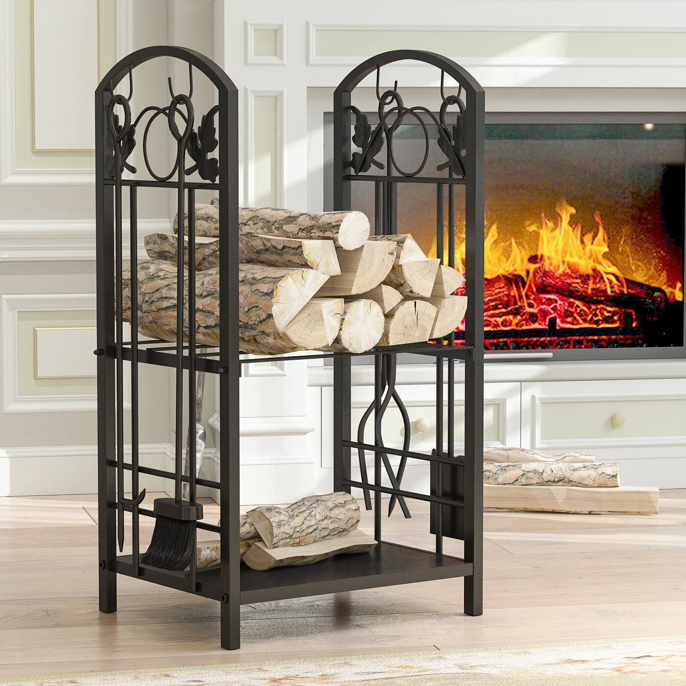 indoor firewood rack with tools