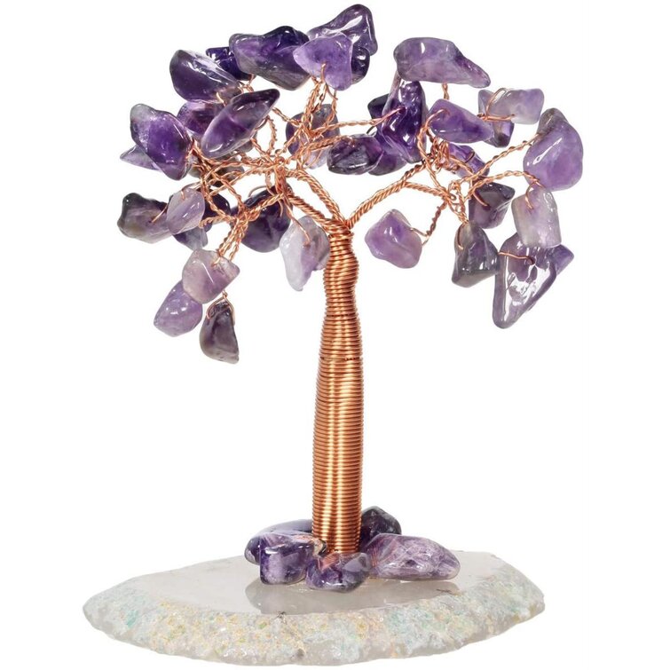 mookaitedecor Natural Colorful Crystal Tree Copper Money Tree with Agate Slice Base Home Decoration for Wealth and Luck 3.5-4 