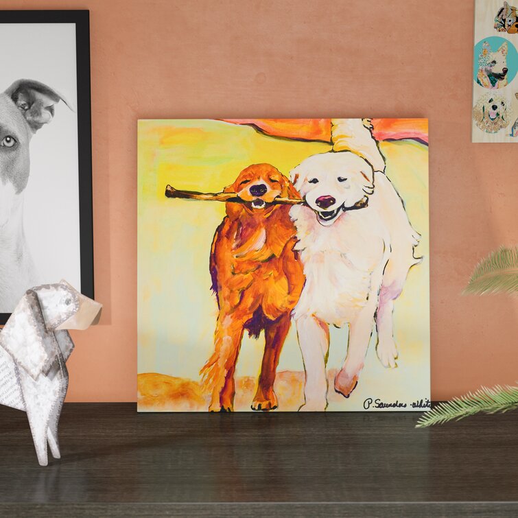 Golden Retrievers Sharing Wooden Stick Canvas Wall Art 35"x35" Dog Print Picture 