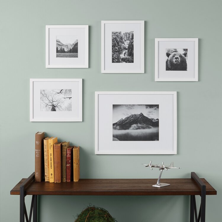 gallery wall made up of different sizes of framed photographs