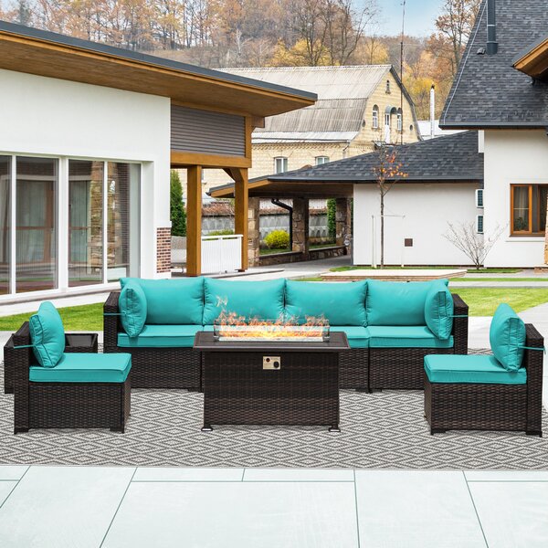 5 Pcs Furniture Set Sectional Sofa Set Wicker Patio Sofa & Fire Pit Table All-Weather Rattan Backyard & Garden Set Grand patio Outdoor Conversation Set with Fire Pit 