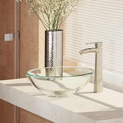 Glass Circular Vessel Bathroom Sink with Faucet René Faucet Finish: Brushed Nickel