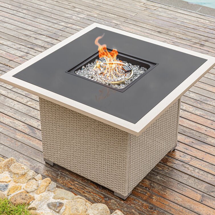Latitude Run 36 Inch Square Outdoor Propane Beige Fire Pit Table 40 000 Btu Free Fire Glass Cover Wayfair