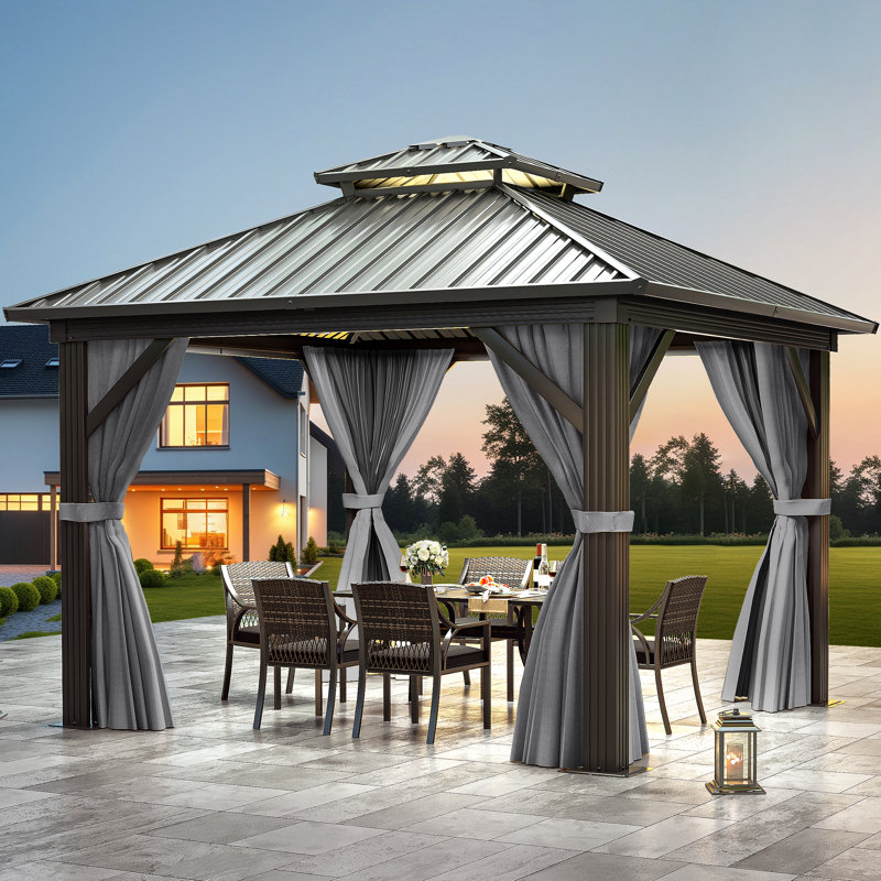 (Incomplete)) Outdoor Metal Hardtop Patio Gazebo with Privacy Curtain and Mosquito Netting Size: 10 ft x 10 ft