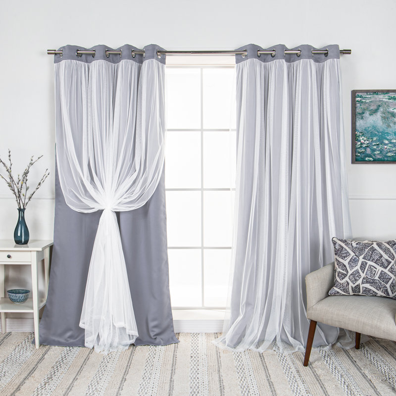 Fortuna Brockham Solid Tulle Overlay Room Darkening Grommet Curtain Panels Curtain Color: Gray, Size per Panel: 52" W x 96" L