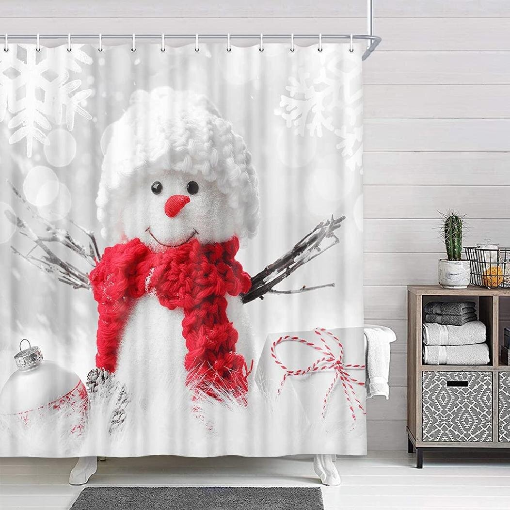 71" Christmas Ball Snowflake Red Shower Curtain Sets For Bathroom Decor w/ Hooks 
