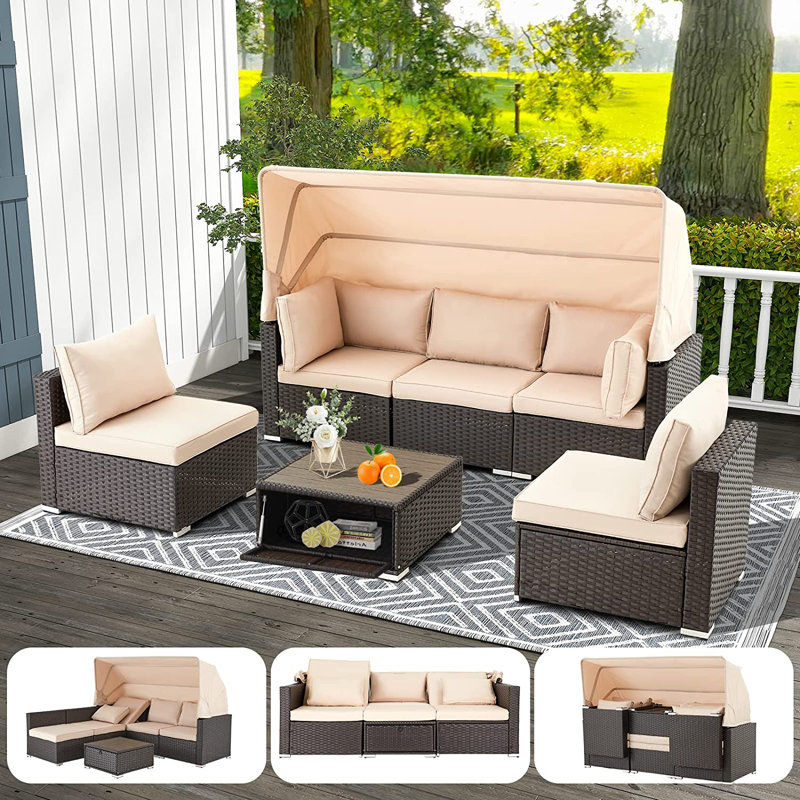 (Incomplete) Latitude Run® 7 Pieces Patio Furniture Sets, Rattan Daybed With Retractable Canopy, Outdoor Sectional Sofa Set With Adjustable Backrest, Chaise Chair Sunbed For Garden Poolside Backyard Cushion Color: Beige