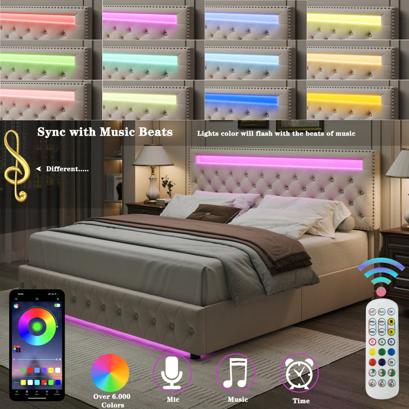 ( incomplete) Upholstered Storage Bed With LED Lights Steel Bed Frame Color: Off White Velvet, Size: Queen