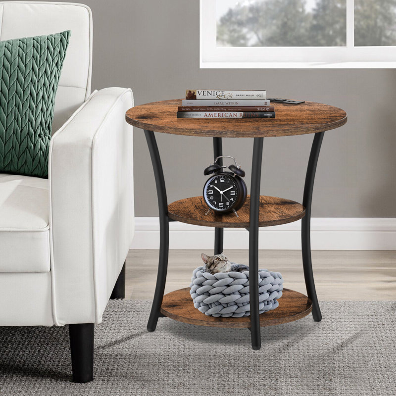Jalane Tall End Table with 2 USB Ports, 2 Power Outlets, and 3-Tier Storage Shelves Color: Rustic Brown/Black