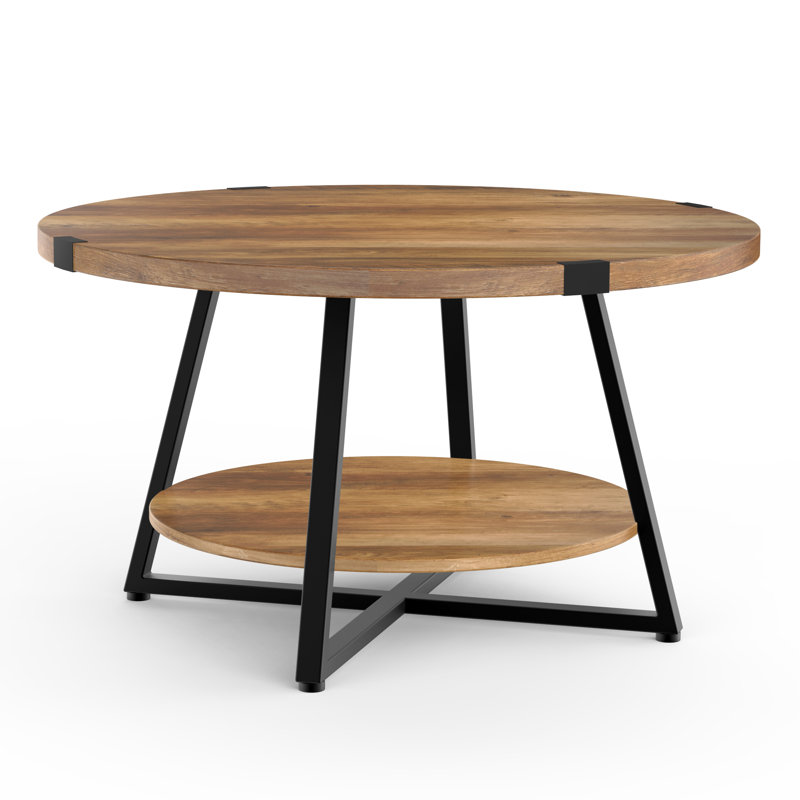 Jahaira Round Coffee Table with 2-Tier Storage Shelves Color: Rustic Oak