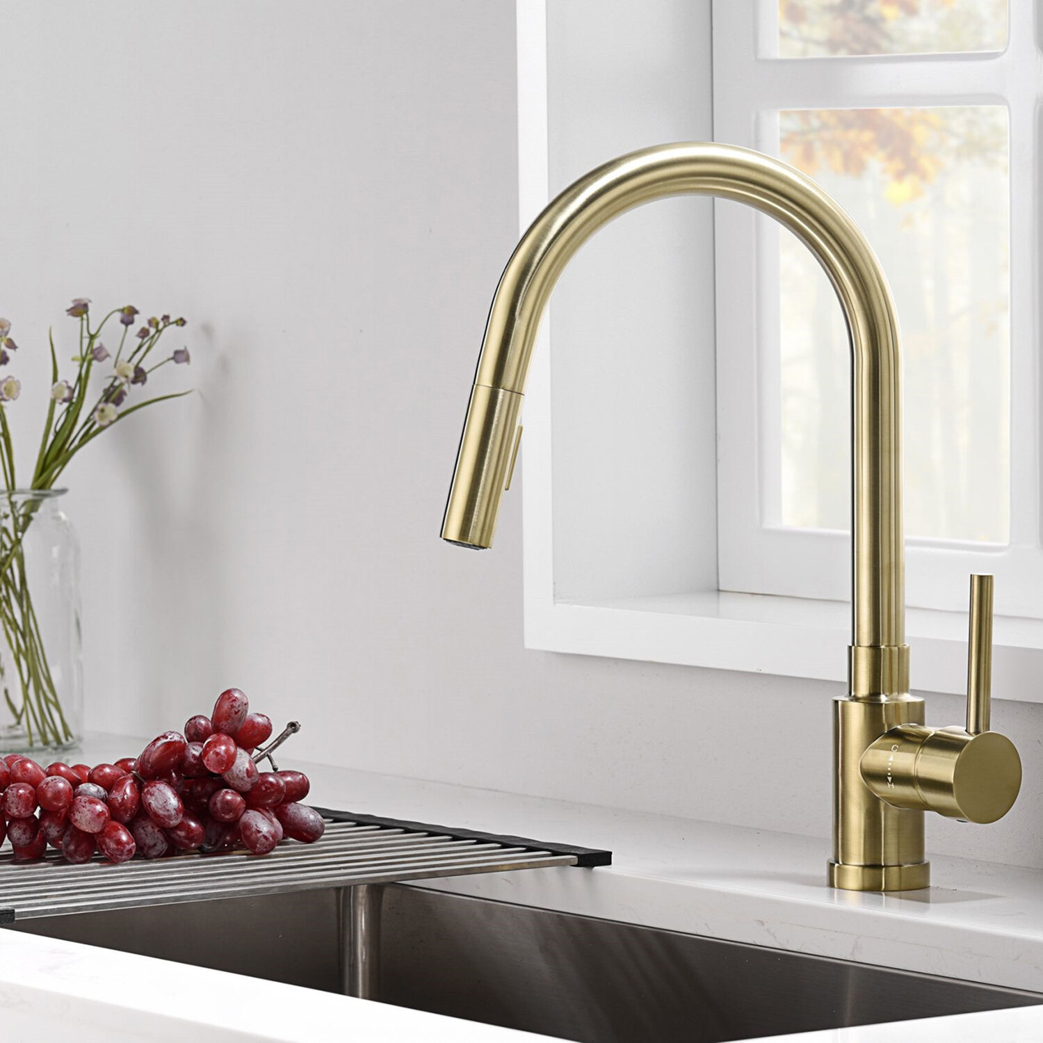 Oakland Kitchen Faucet with Pull Down Sprayer Brass Kitchen Faucet Single Handle Brushed Nickel Kitchen Faucet with Quick Hose Connector Spot Free Resist Rust Drip KSK1114 Brushed Nickel 