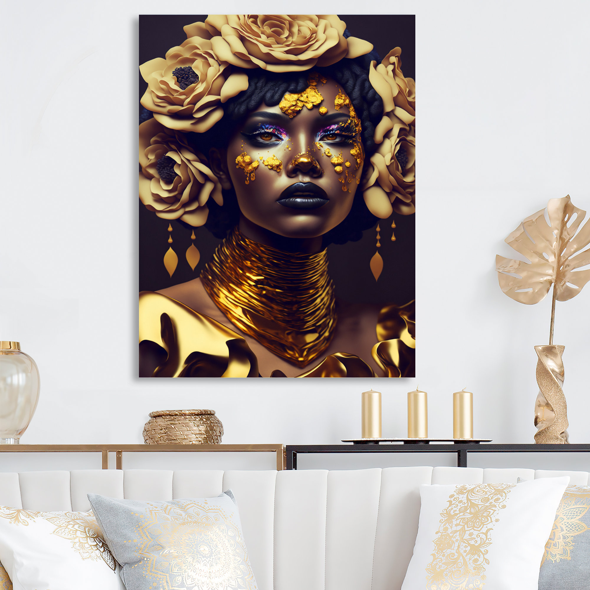 Mercer41 Gold And Black Floral Woman IX - Contemporary Glam Metal Wall