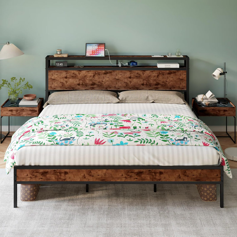 Tryston Bed Frame Industrial Platform Bed with Charging Station Size: Queen, Color: Rustic Gray