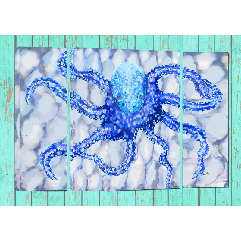 My Island Blue White Octopus Triptych 3 Panels Painting Print