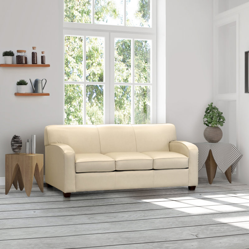 Ebern Designs Made In Usa Dalhem Cream Top Grain Leather Sofa And