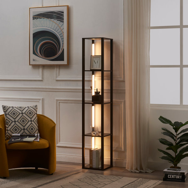 Modern Wood Shelf Floor Light Fabric Shade Lamp Storage Living Room Home White 