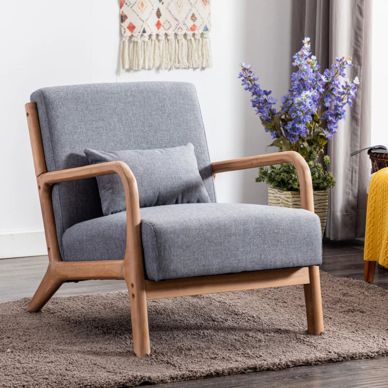 Hertford 26" Wide Upholstered Linen Blend Accent Chair with Wooden Legs and One Pillow Fabric: Gray Linen Blend
