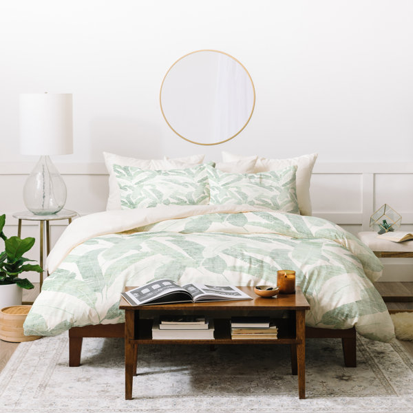 Palm Duvet Cover Queen,100-percent Cotton Botanical Palm 3pc Bedding Set,Blue Tropical Plant and Banana Leaves Pattern Printed with Zipper Closure 4 Corner Ties,Lightweight,Soft Breathable Palm,Queen