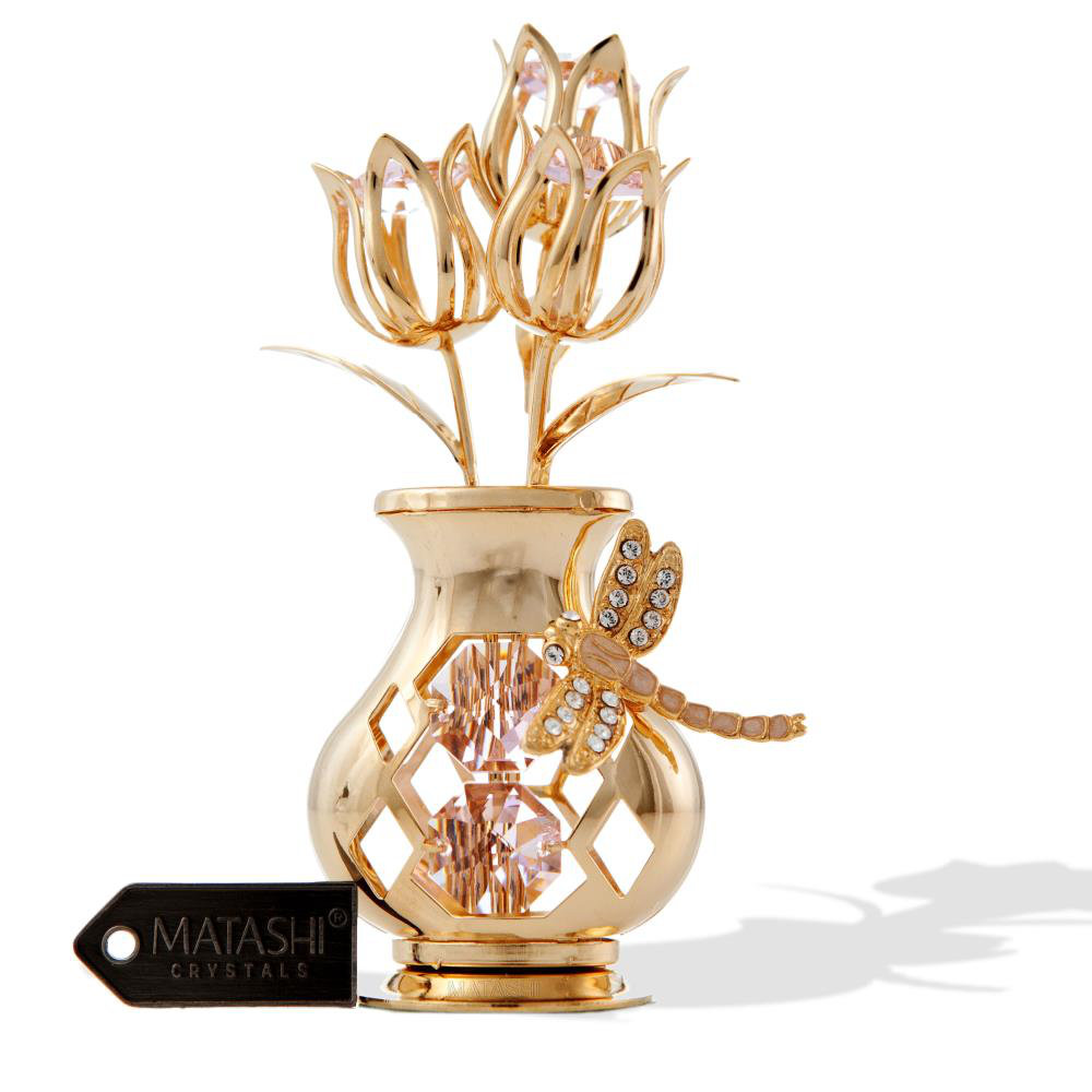 Matashicrystal 24k Gold Plated Crystal Studded Flower In A Vase With Decorative Dragonfly Figurine Reviews Wayfair