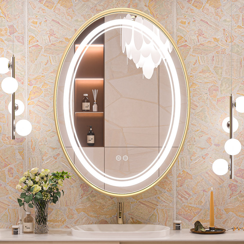 Vinia Oval LED Lighted Bathroom Vanity Mirror Dimmable and Anti-Fog Wall Mirror Size: 30" x 22", Finish: Gold