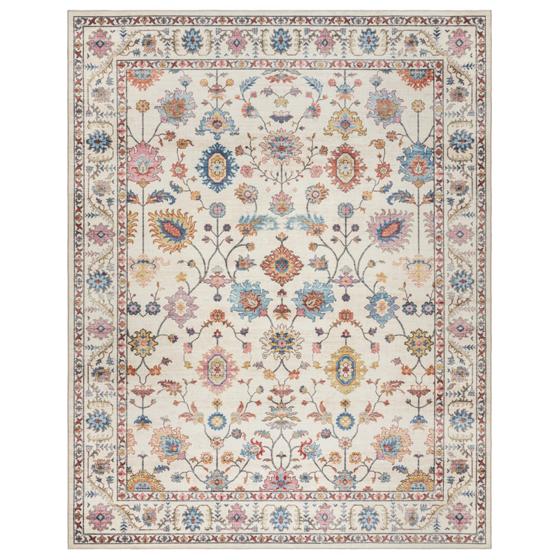 Gertmenian Crystal Print Cullen Ivory Cream Pink Multi Transitional Floral Border Washable Flat Pile Indoor Area Rug Rug Size: Rectangle 7'10" x 10'