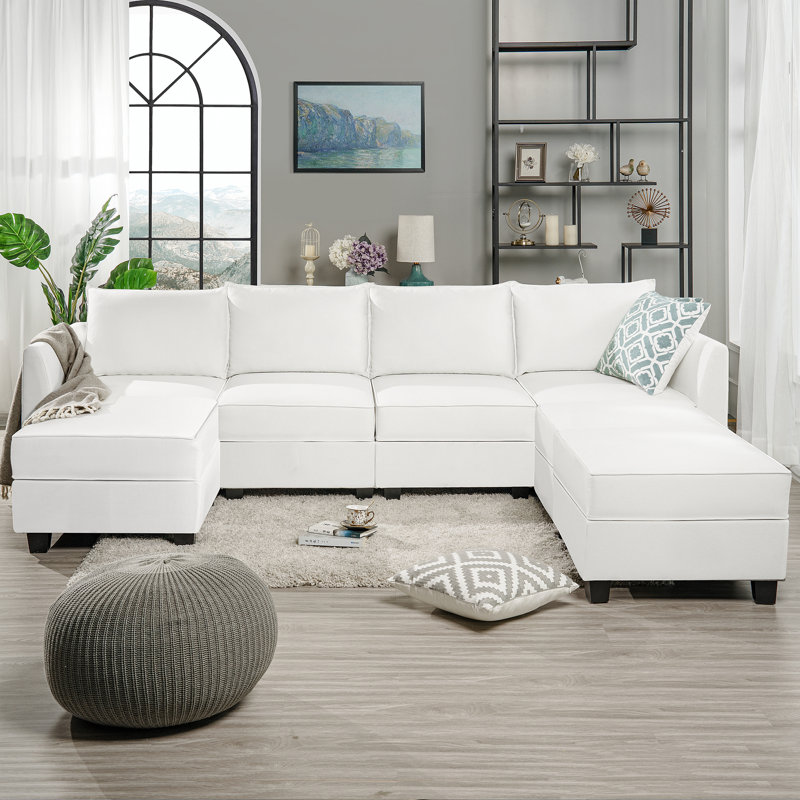 Ziniyah Convertible 4 Seater U-Shaped Modular Linen Sofa Sectional with 3 Ottoman for Living Room Body Fabric: White Down 100% Linen