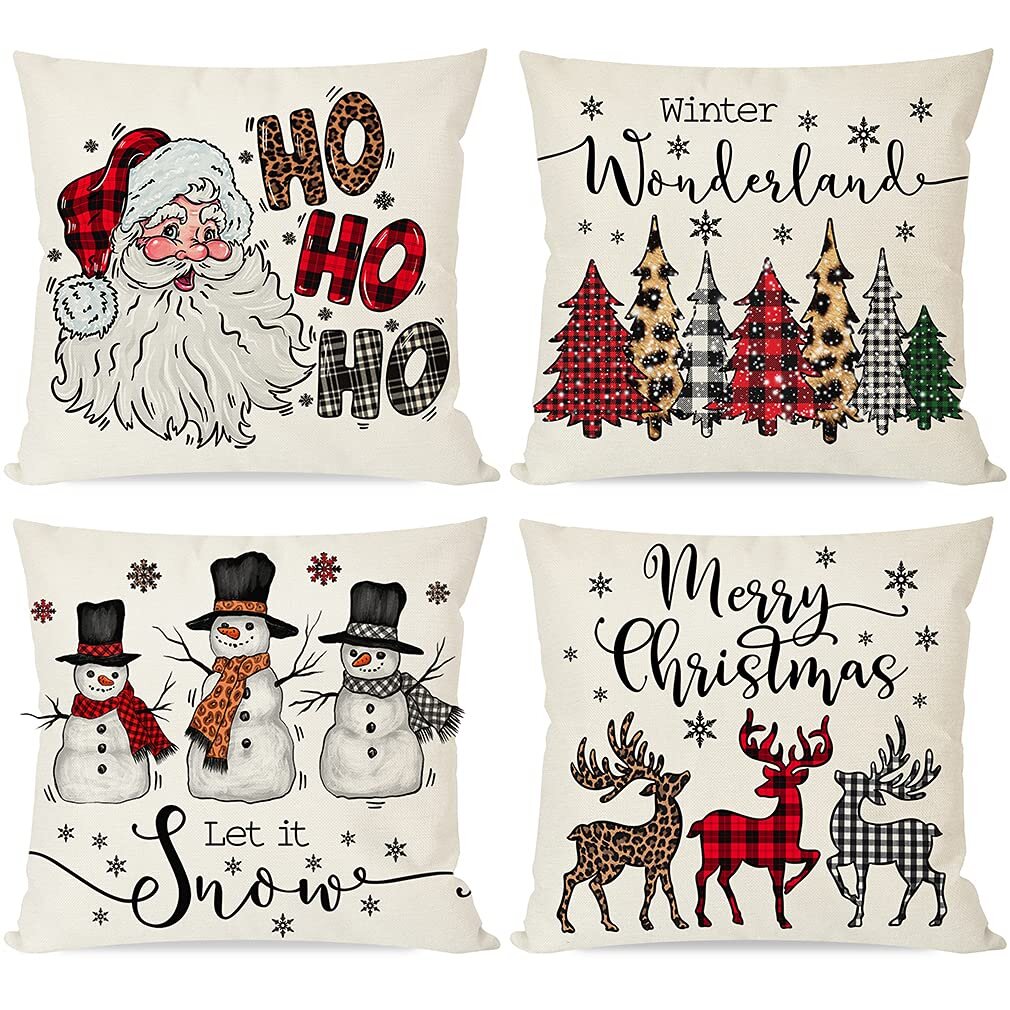 Asamour Set of 4 Christmas Throw Pillow Covers Xmas Buffalo Plaids Snowman Santa Claus Cotton Linen Winter Farmhouse Animal Decorative Cushion Cover 18x18 Inch Square Pillow Cases for Sofa