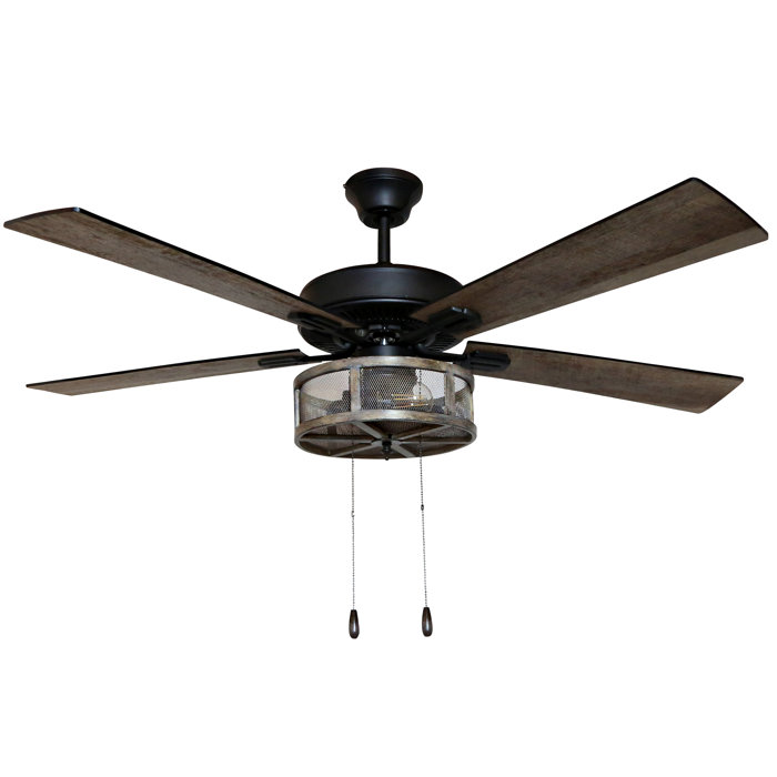 52 Abbigail Woodgrain Caged Farmhouse 5 Blade Ceiling Fan Light Kit Included