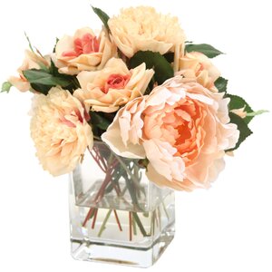 Waterlook Cream Peach Mixture of Peonies and Roses in Glass Cube Vase