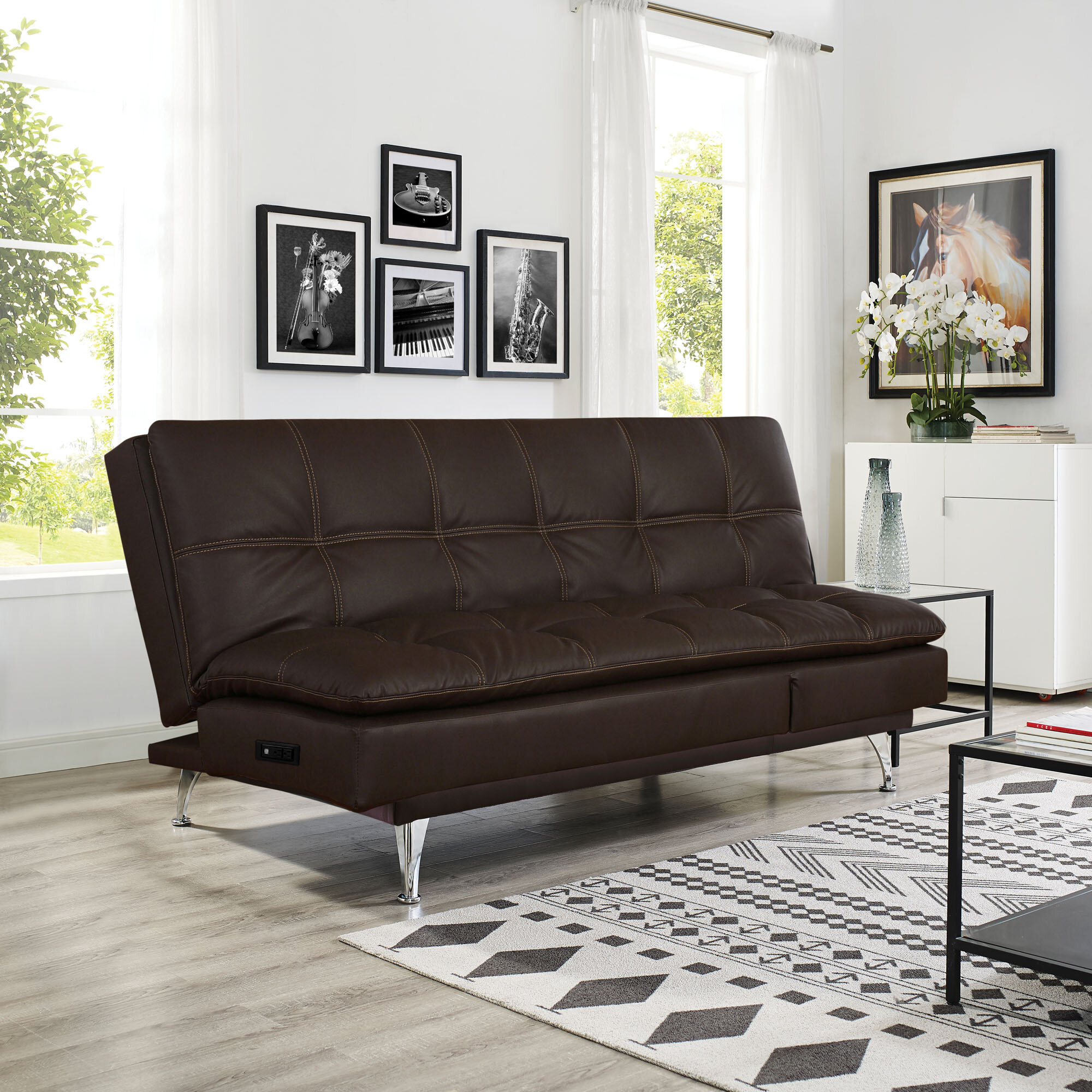 Tufted Convertible Faux Leather FUTON SOFA BED Full Size Sleeper COUCH Brown 