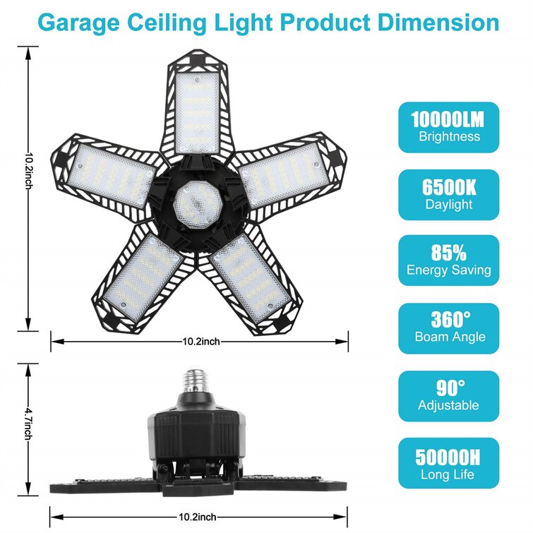 LED Garage Lights 2 Pack 100W E26 Deformable Ceiling 10000LM Daylight Lamps With 