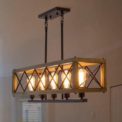 Holbert 5 - Light Rectangle Wood Metal Pendant Light Farmhouse Kitchen Island Chandelier