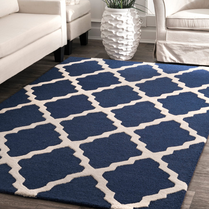 Alondra Moroccan Trellis Hand Hooked Wool Navy Blue Area Rug Alondra Moroccan Trellis Hand Hooked Wool Navy Blue Area Rug