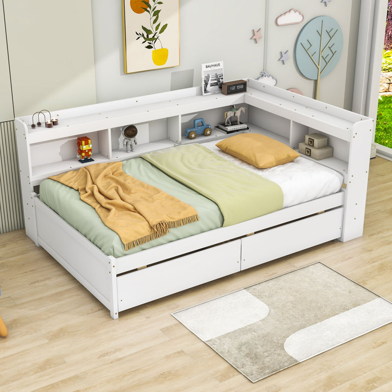 Haisley Two Drawers Wooden Bed with L-shaped Bookcases Size: Full, Color: White Box 1 of 2 