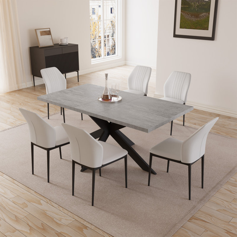 Geigle Extendable Table Set for Kitchen Dining Room Table, Home Furniture(1Table, 6Chairs) Chair Color: Beige, Table Top Color: Gray, Size: 29.9 ”H x 51.2 ”L x 33.4”W